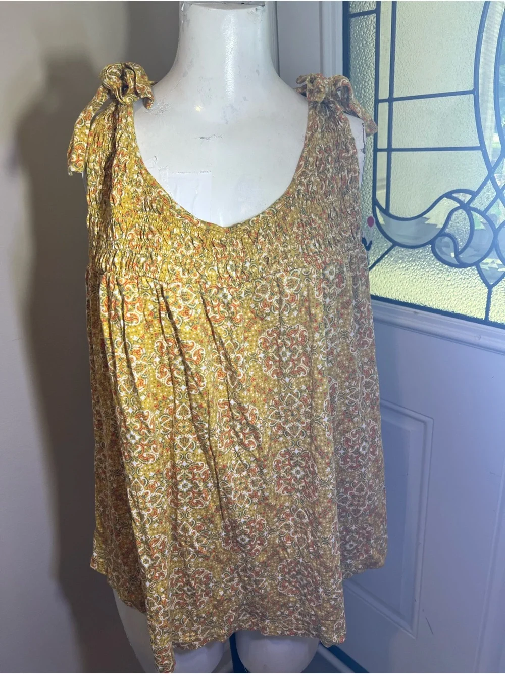 Cato Mustard Floral Tie-Shoulder Smocked Tank